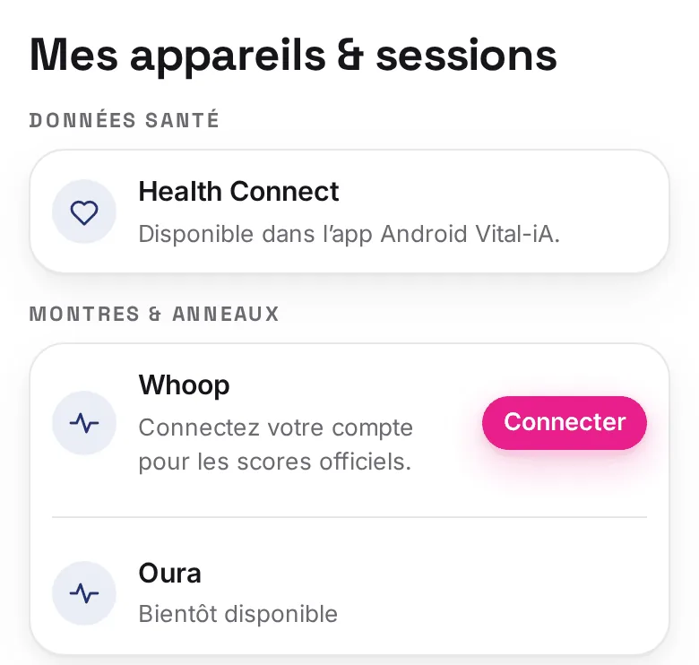 Écran Mes appareils de Vital-iA : connexion Whoop et Health Connect